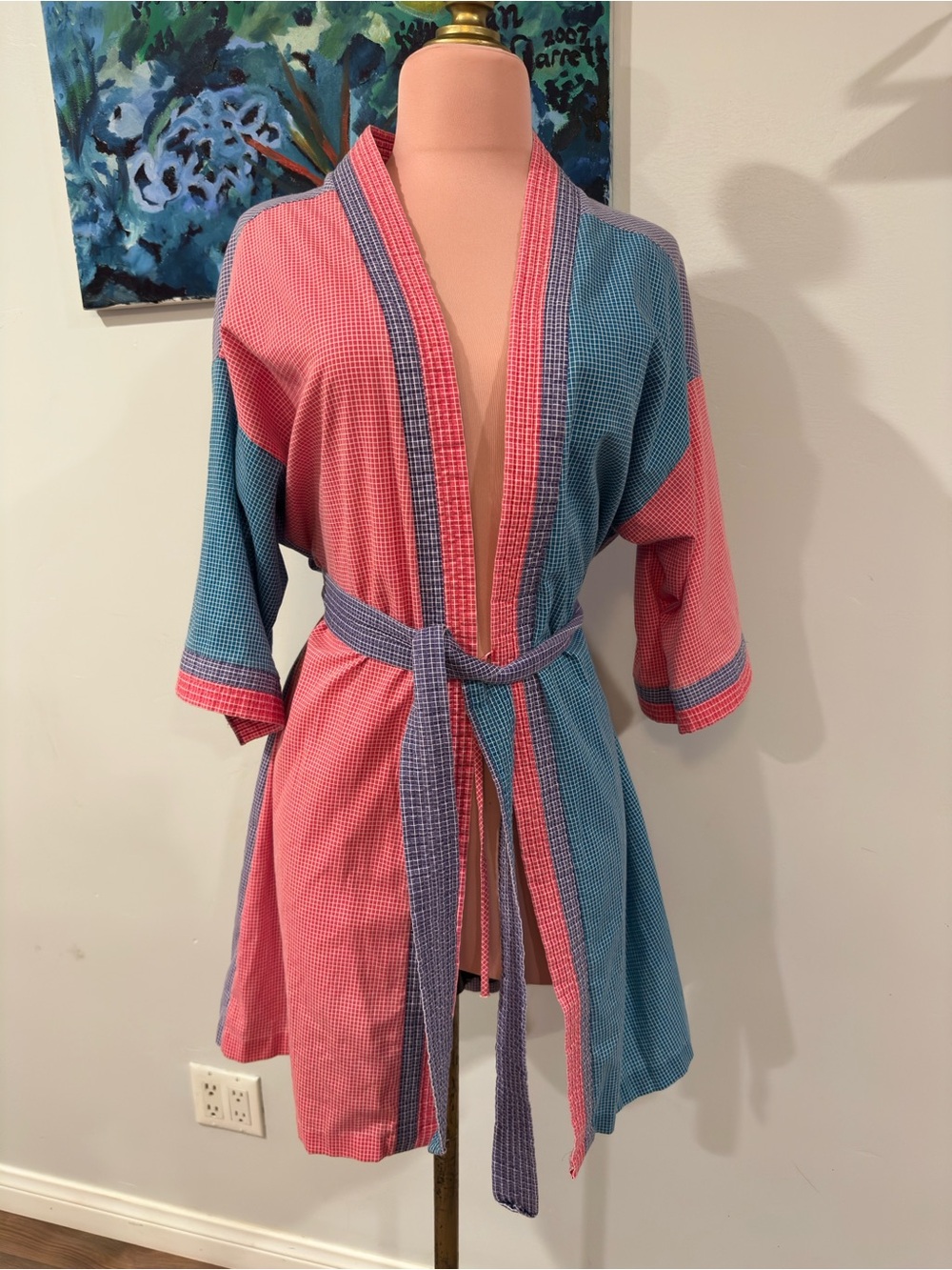 Source Unknown Pink and Blue Waffle Kimono Robe with Purple Trim